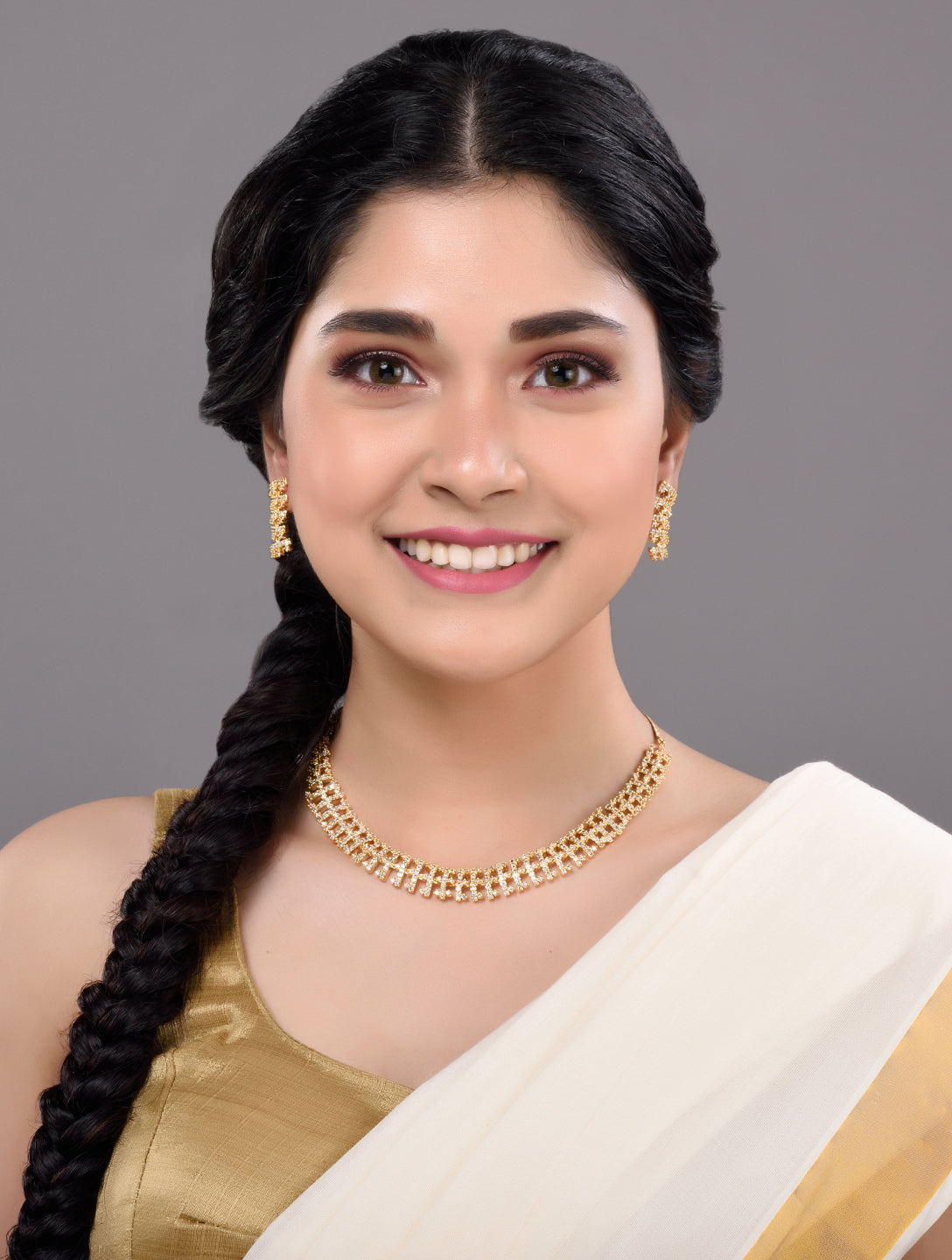 Gold Plated white AD Studded fancy Choker Necklace and Earrings Set